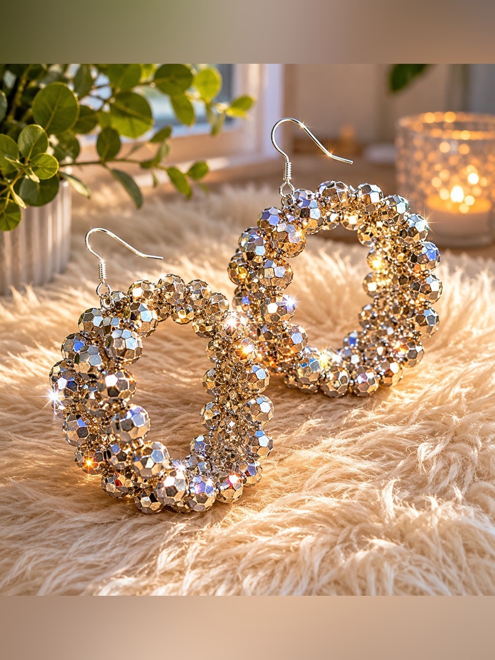 ✨ NWT Sliver Tone Sparkly Repurposed Vintage Napkin Ring Statement Hoop Earrings